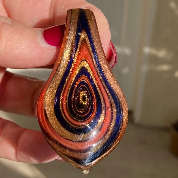 Vintage Glass Swirl Earrings and Pendant Gold Orange Blue - Picture 2 of 4